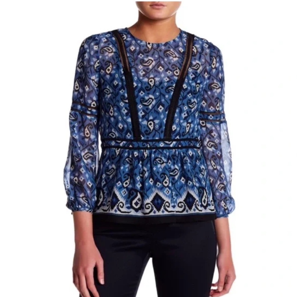 VERONICA BEARD BLUE WHITE CABO BOHO PAISLEY SHEER SILK BLOUSE LONG SLEEVE TOP - Picture 4 of 14